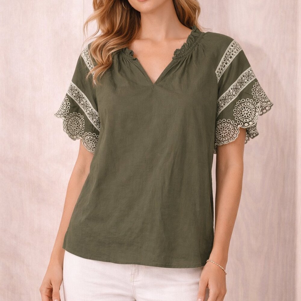 Talbots Olive Green Cotton Blouse Size L | Boho Embroidered Flutter Sleeve Top